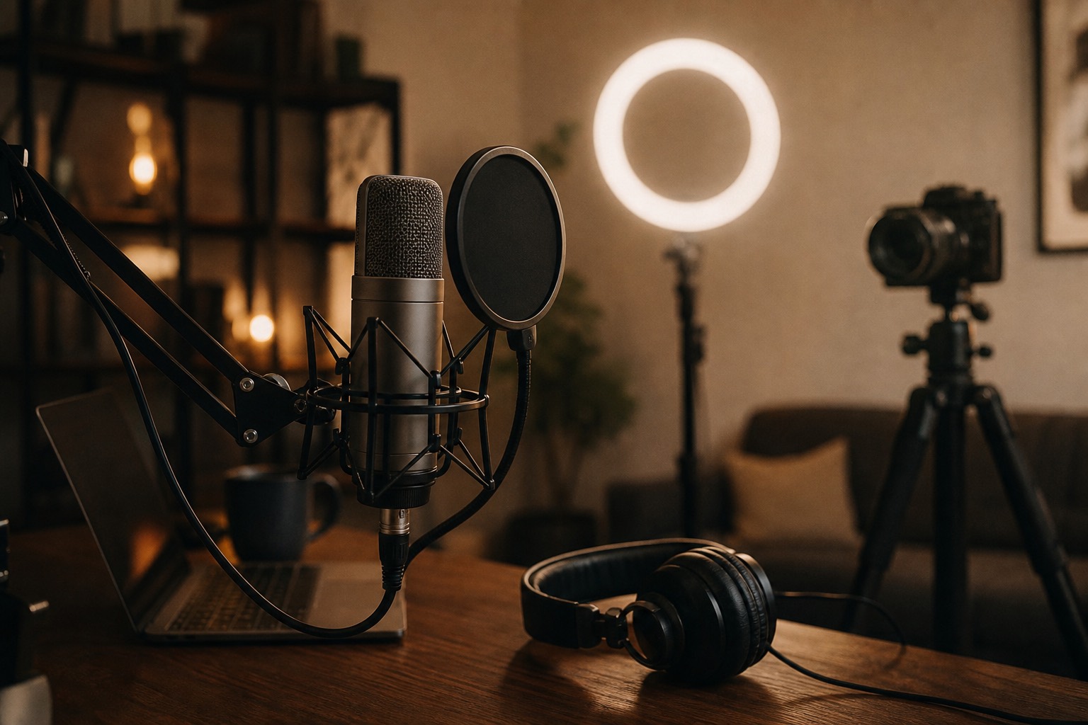 Creator studio desk with microphone, ring light and camera
