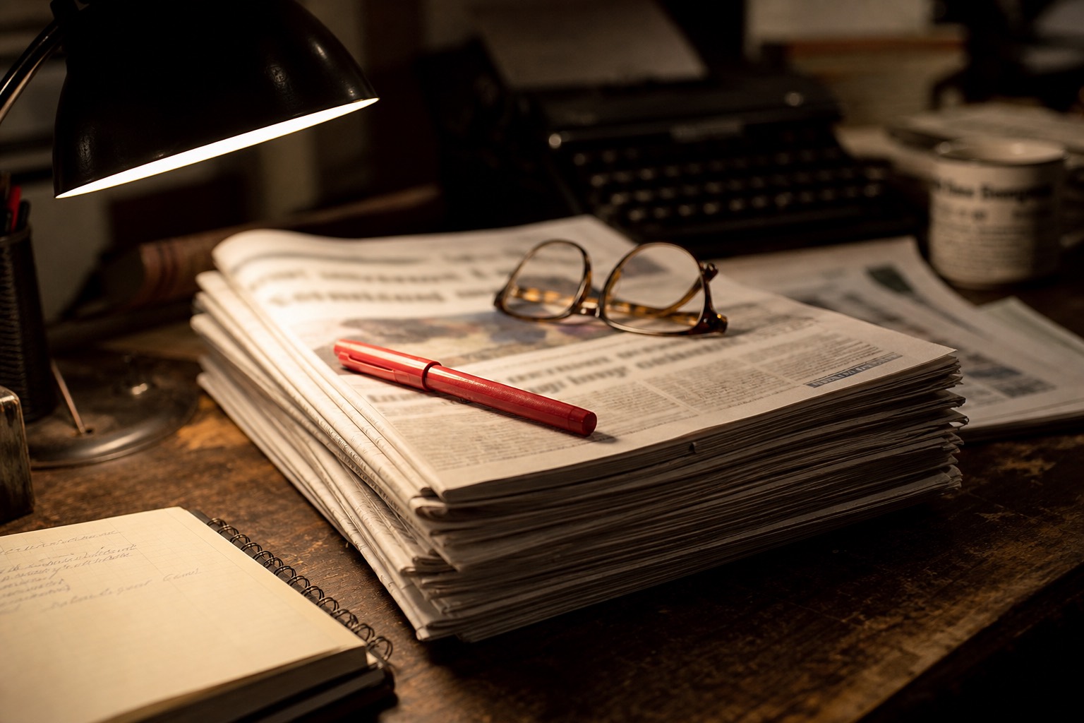 Stack of printed newspapers with a red marker on an editor's desk