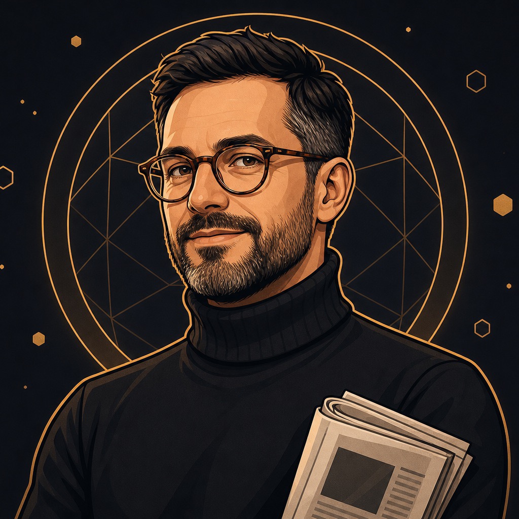 Illustrated portrait of Alex Varga, co-founder and editorial lead, in a dark turtleneck holding a newspaper