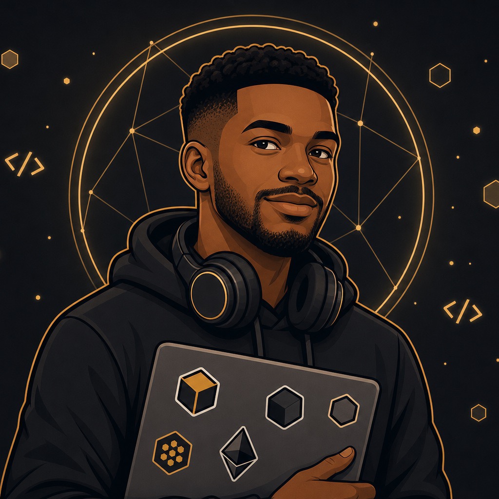Illustrated portrait of Marcus Reed, developer, in a hoodie with headphones holding a laptop
