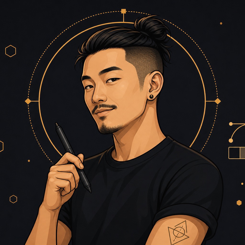 Illustrated portrait of Ken Osawa, graphic designer, with a top knot holding a stylus
