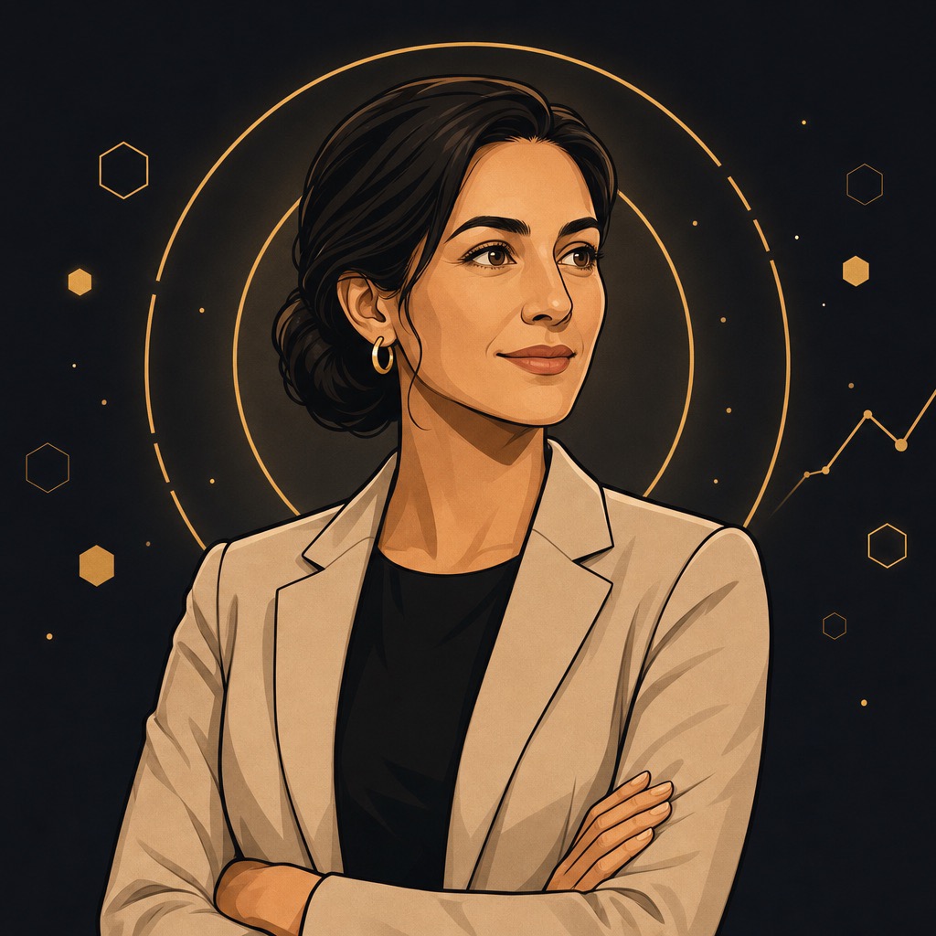 Illustrated portrait of Nadia Karim, co-founder and head of strategy, in a beige blazer with arms crossed